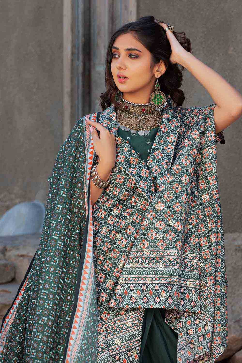 UAE -3PC Lawn Unstitched Foil Printed Unstitched Suit With Denting Lawn Dupatta DN-32093 A
