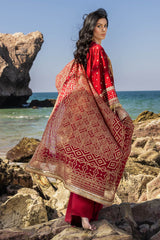 UAE -3 Piece Unstitched Embroidered Lawn Suit with Gold Lacquer Embroidered Printed Chiffon Dupatta BM-52018