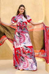UAE-3 Piece Unstitched Printed Cotton Silk Suit with Printed Chiffon Dupatta