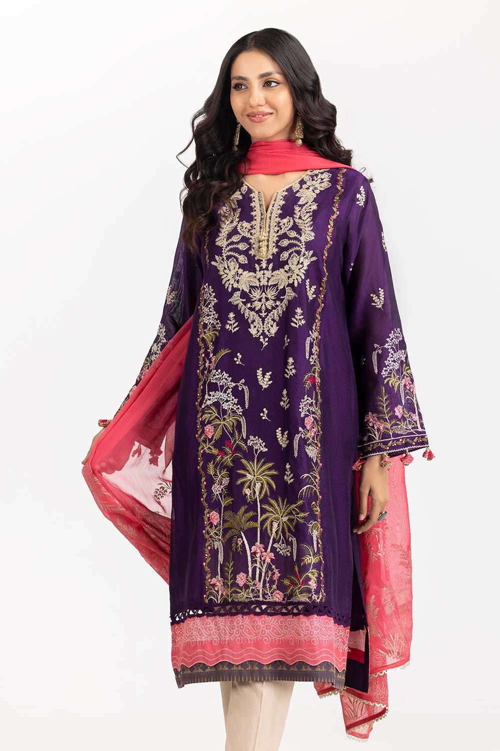 UAE -2 PC Luxury Pret Cotton Net Embroidered Shirt with Dupatta ILP-23-186