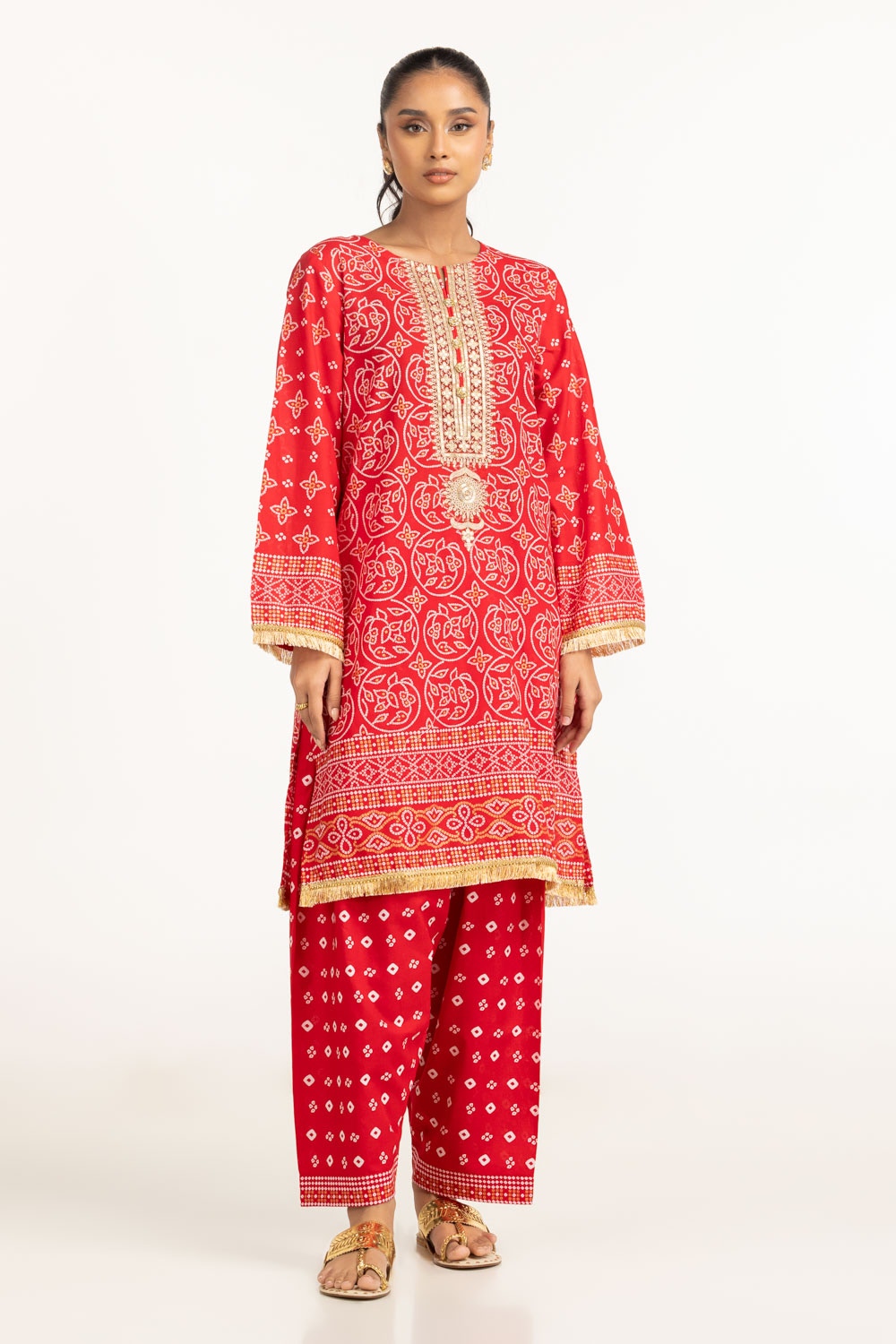 UAE-Lawn Gold Printed Shirt And Shalwar With Embroidered  IUSTTS-716