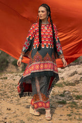 UAE-2 Piece Unstitched Printed Lawn Suit with Embroidered Bunches on Organza