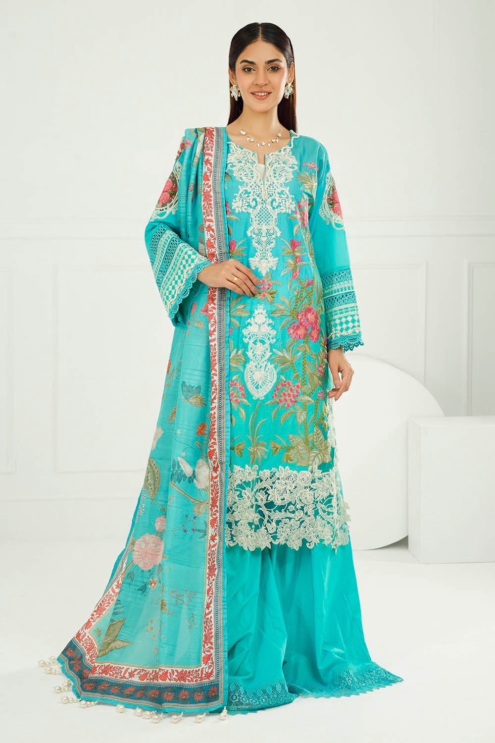 UAE -3 Piece Unstitched Embroidered Printed Lawn Suit with Printed Tussar Silk Dupatta SP-52045