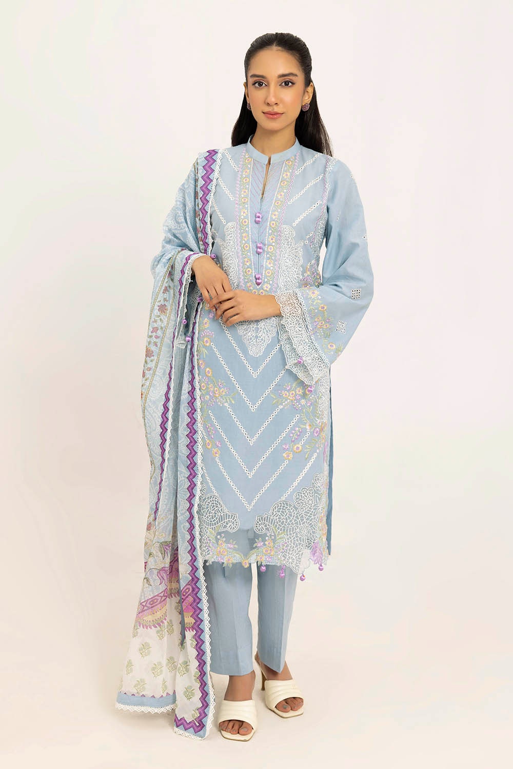 UAE -3 Piece Unstitched Embroidered Lawn Suit with Printed Tissue Silk Dupatta SSM-52002