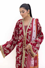 UAE -3 Piece Unstitched Gold Printed Polyestor Suit with Printed Sequins Stripe Dupatta  SP-42046