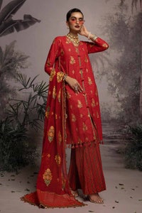 UAE -3PC Embroidered Gold and Lacquer Printed Lawn Suit with Cotton Net Dupatta CN-32026