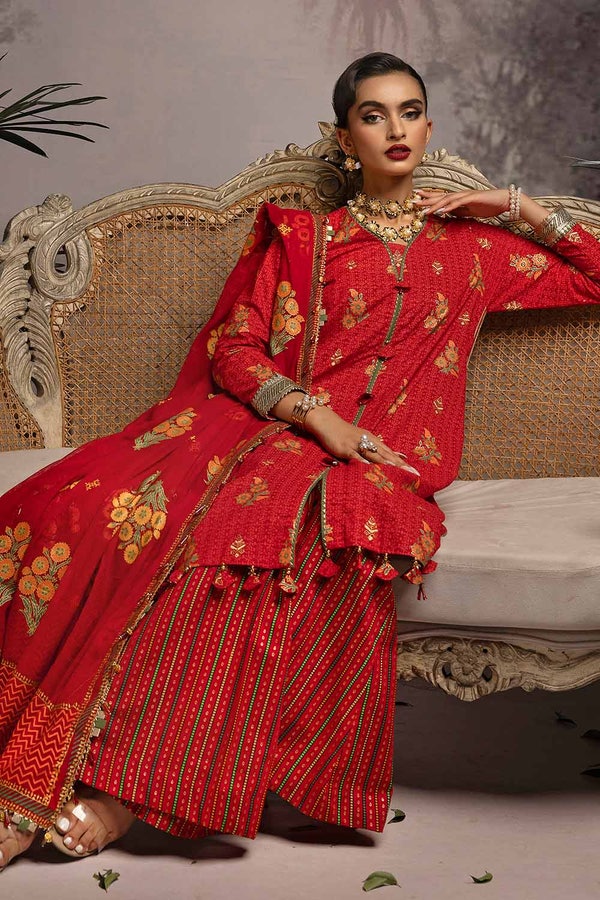 UAE -3PC Embroidered Gold and Lacquer Printed Lawn Suit with Cotton Net Dupatta CN-32026