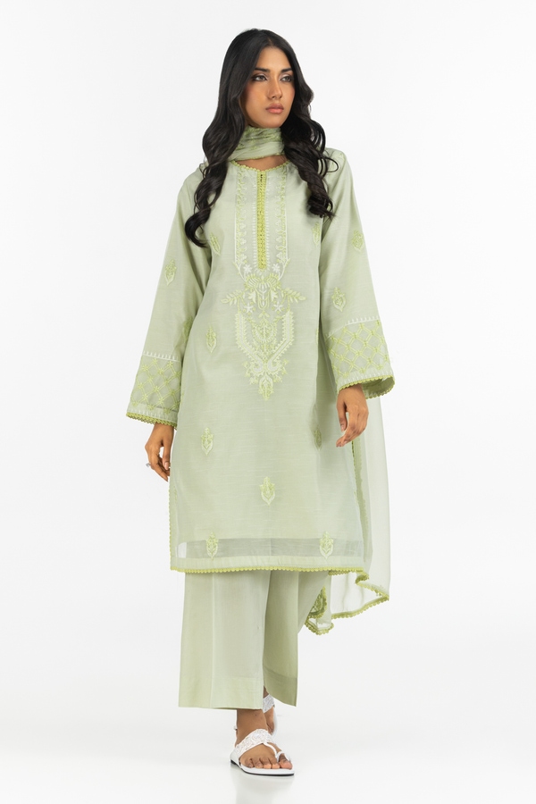 UAE-3PC Paper Cotton Embroidered Suit IUSTKSD-560