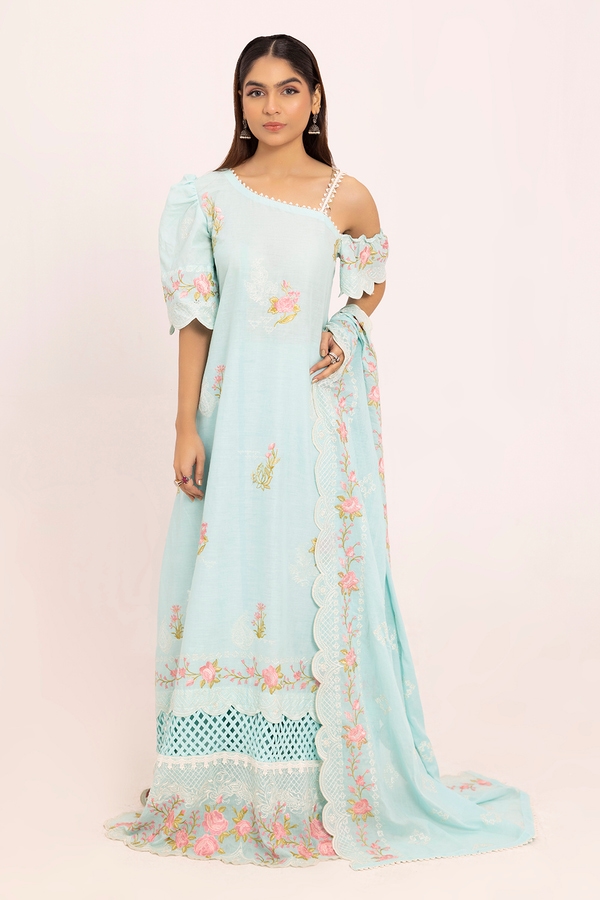 UAE -3 Piece Unstithed Embroidered Lawn Suit with Embroidered Denting Lawn Dupatta DN-52024
