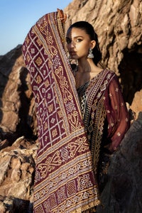UAE -3 Piece Unstitched Embroidered Chiffon Suit with Gold Silver Printed Chiffon Dupatta BM-52023