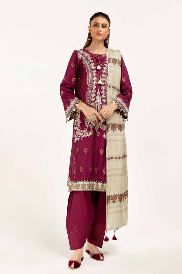 UAE -3 Piece Unstitched Embroidered Jacquard Suit with Embroidered Pashmina Dupatta AP-42019