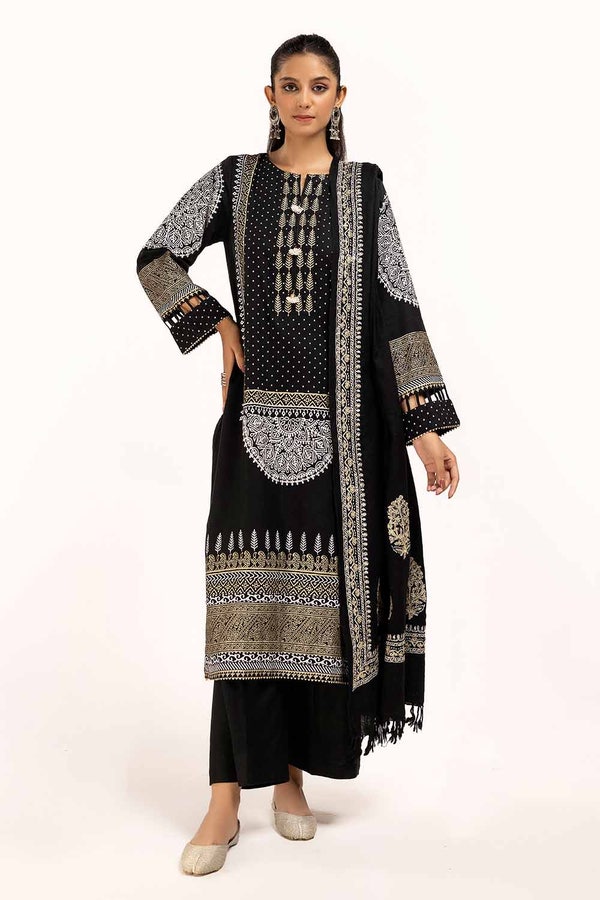 UAE -3 Piece Unstitched Gold and Lacquer Printed Arcylic Suit with Embroidered Lacquer Pashmina Dupatta AP-42021