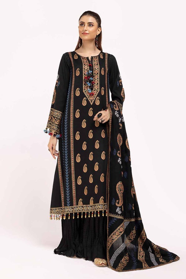 UAE -3 Piece Unstitched Gold and Lacquer Printed Suit with Gold and Lacquer Printed Acrylic Dupatta AP-42040