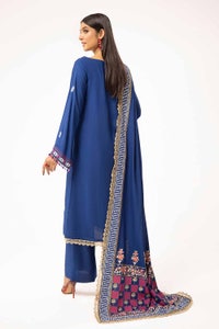 UAE -3 Piece Unstitched Embroidered Karandi Suit with Gold and Lacquer Printed Karandi Dupatta AY-42010