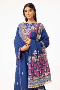 UAE -3 Piece Unstitched Embroidered Karandi Suit with Gold and Lacquer Printed Karandi Dupatta AY-42010