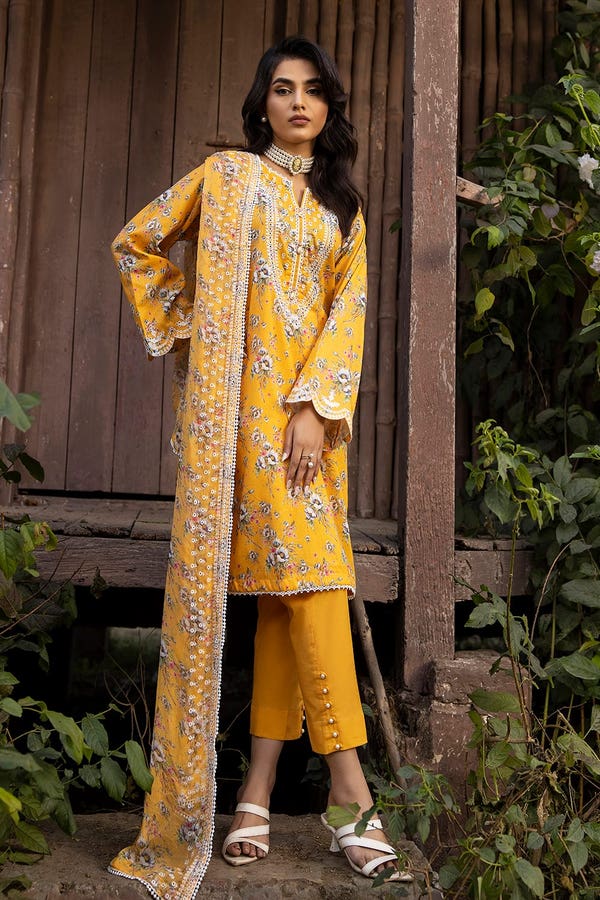 UAE -3PC Embroidered Printed Lawn Unstitched Suit with Embroidered Printed Chiffon Dupatta BCT-42008