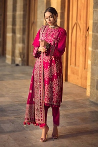 UAE -3PC Embroidered Printed Lawn Unstitched Suit with Gold Lacquer Printed Chiffon Dupatta BM-42005