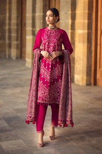UAE -3PC Embroidered Printed Lawn Unstitched Suit with Gold Lacquer Printed Chiffon Dupatta BM-42005