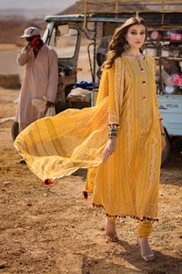 UAE -3PC Embroidered Printed Lawn Unstitched Suit with Gold Lacquer Printed Chiffon Dupatta BM-42007
