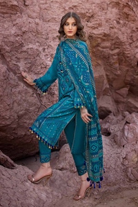 UAE -3PC Embroidered Printed Lawn Unstitched Suit with Gold Lacquer Printed Chiffon Dupatta BM-42009