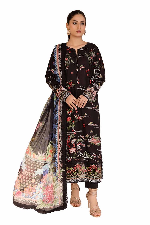 UAE -3 Piece Unstitched Embroidered Printed Cambric Suit with Chiffon Dupatta BM-42018