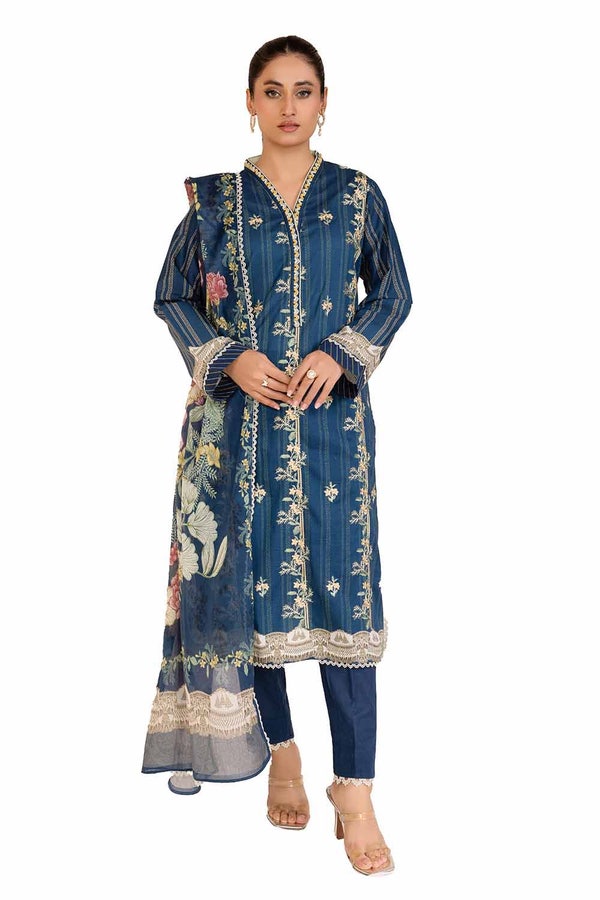 UAE -3 Piece Unstitched Embroidered Printed Cambric Suit with Lawn Dupatta CBE-42012