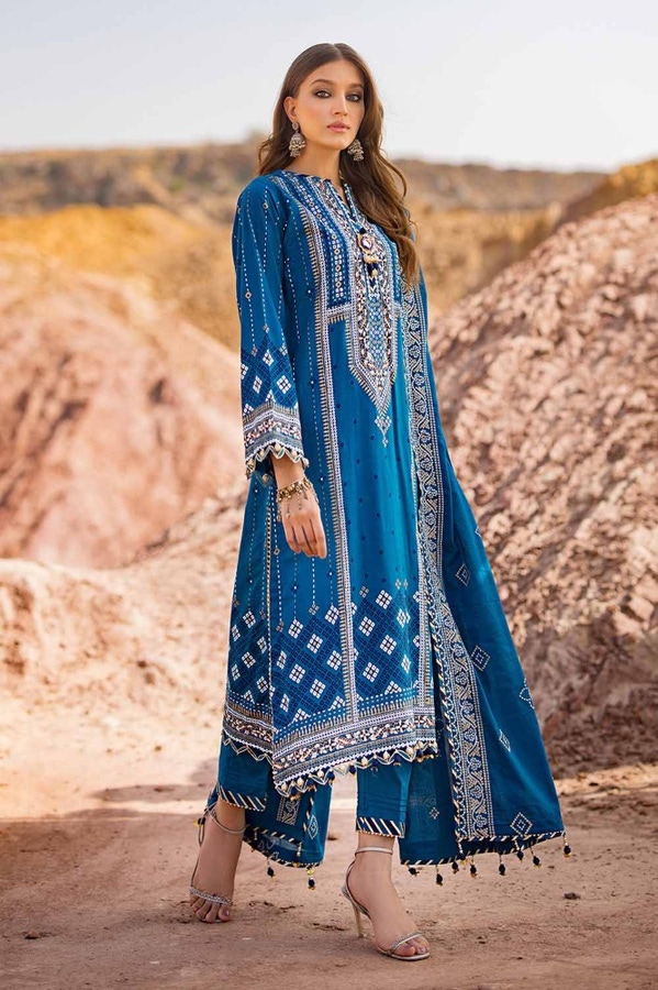 UAE -3PC Gold Lacquer Printed Lawn Unstitched Suit with Zari Embroidered Lawn Dupatta CL-42052