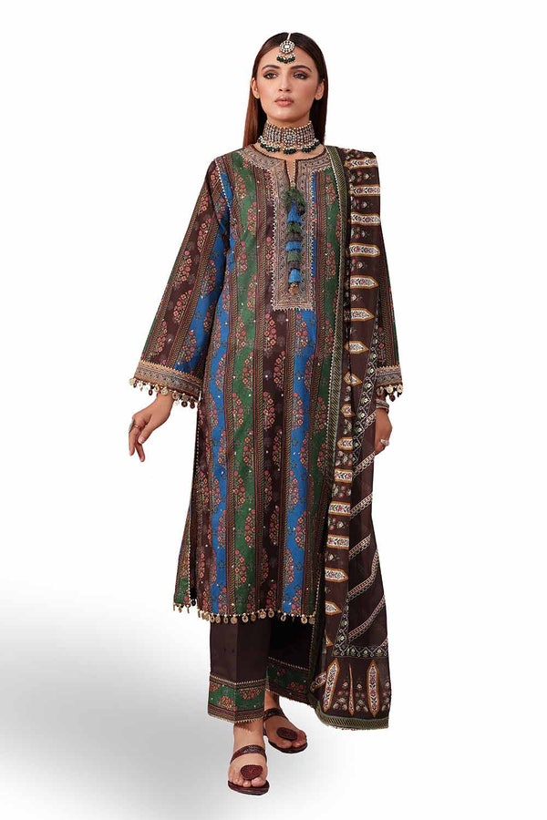 UAE -3PC Unstitched Embroidered Printed Suit with Embroidered Printed Lawn Dupatta CL-42107