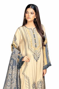 UAE -3 Piece Unstitched Embroidered Cotail Suit with Twill Cotton Linen Dupatta CV-32014