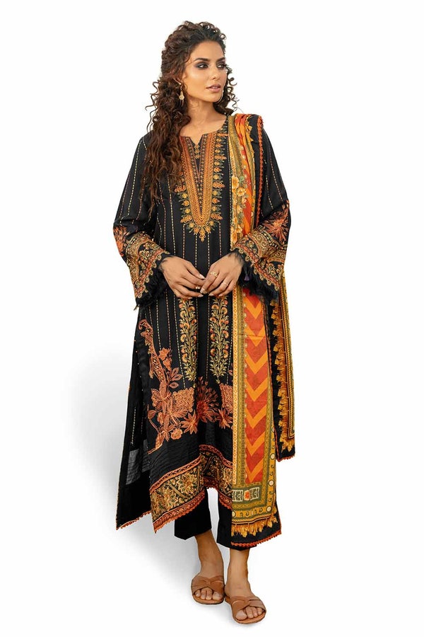 UAE -3 Piece Unstitched Embroidered Cotail Suit with Printed Twill Cotton Linen Dupatta CV-32015