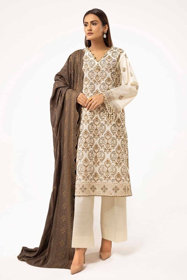 UAE -3 Piece Unstitched Embroidered Khaddar Suit with Twill Cotton Linen Dupatta CV-42011