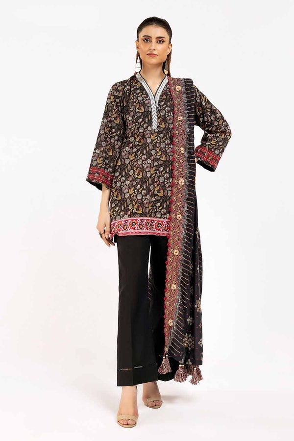 UAE -3 Piece Unstitched Printed Khaddar Suit with Embroidered Twill Cotton Linen Dupatta CV-42012