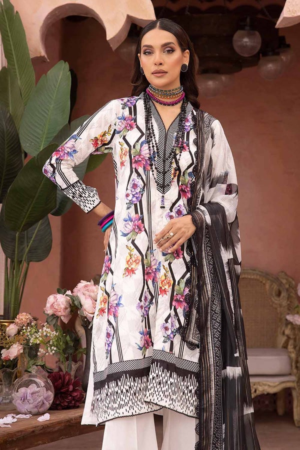 UAE -3PC Embroidered Lawn Unstitched Suit with Zari Stripe Dupatta FE-32089
