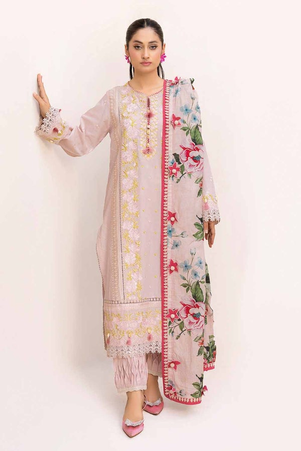 UAE -3 Piece Unstitched Embroidered Printed Lawn Suit with Printed Leno Dupatta DB-42010