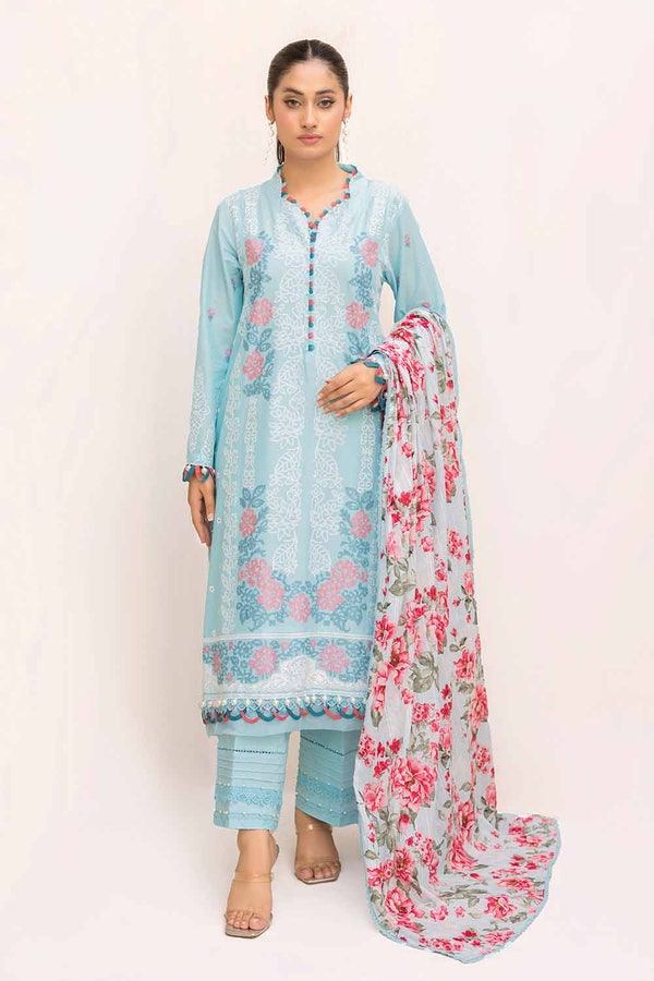 UAE -3 Piece Unstitched Embroidered Printed Lawn Suit with Printed Leno Dupatta DB-42016