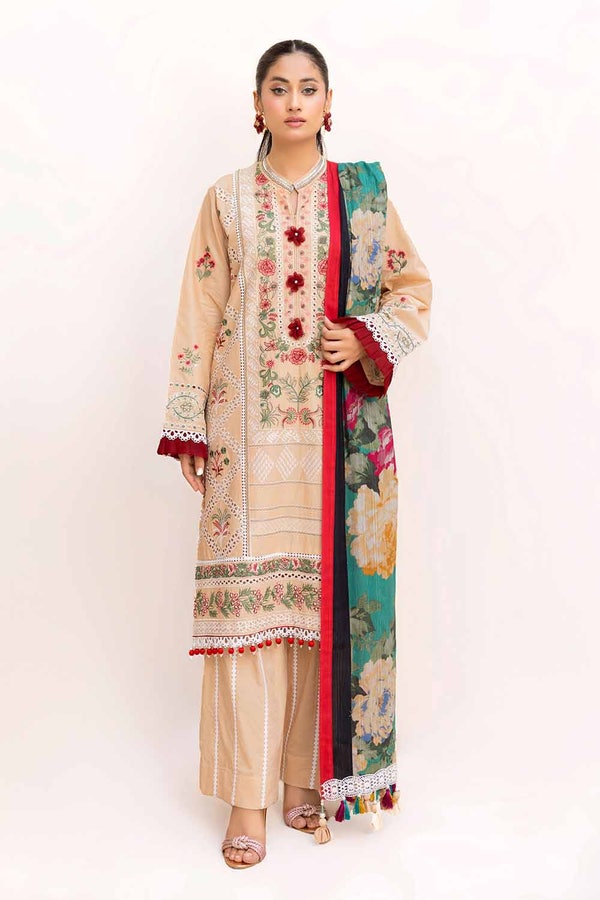 UAE -3 Piece Unstitched Embroidered Printed Lawn Suit with Printed Leno Dupatta DB-42017