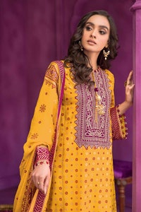 UAE -3PC Embroidered Chunri Lawn Unstitched Suit With Chiffon Gold and Lacquer Printed Dupatta BM-32009