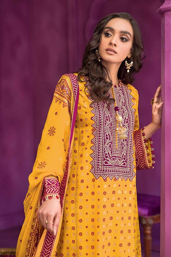 UAE -3PC Embroidered Chunri Lawn Unstitched Suit With Chiffon Gold and Lacquer Printed Dupatta BM-32009