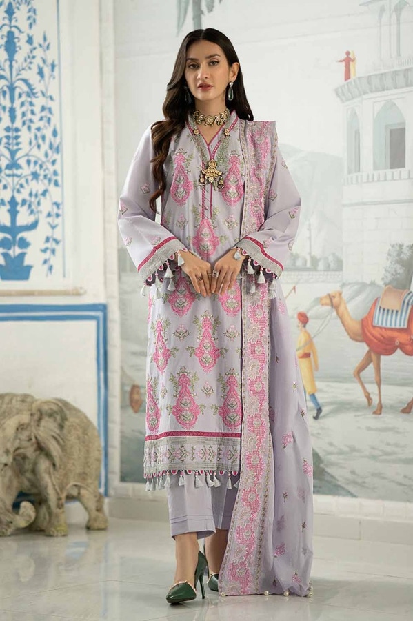 UAE -3PC Embroidered Lawn Unstitched Suit with Embroidered Denting Lawn Dupatta DN-42002