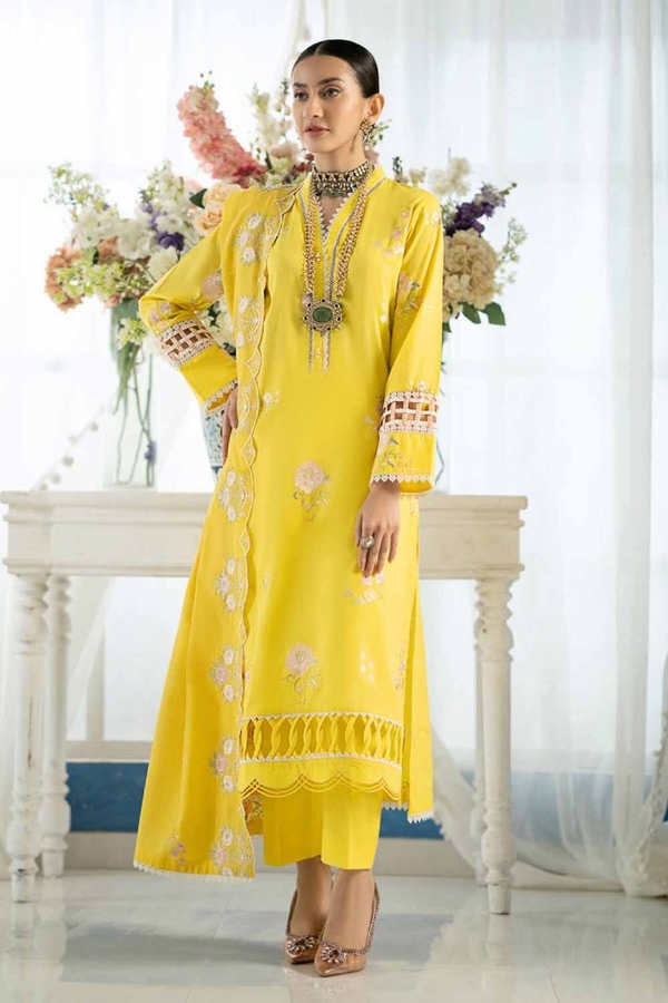UAE -3PC Embroidered Lawn Unstitched Suit with Embroidered Denting Lawn Dupatta DN-42024