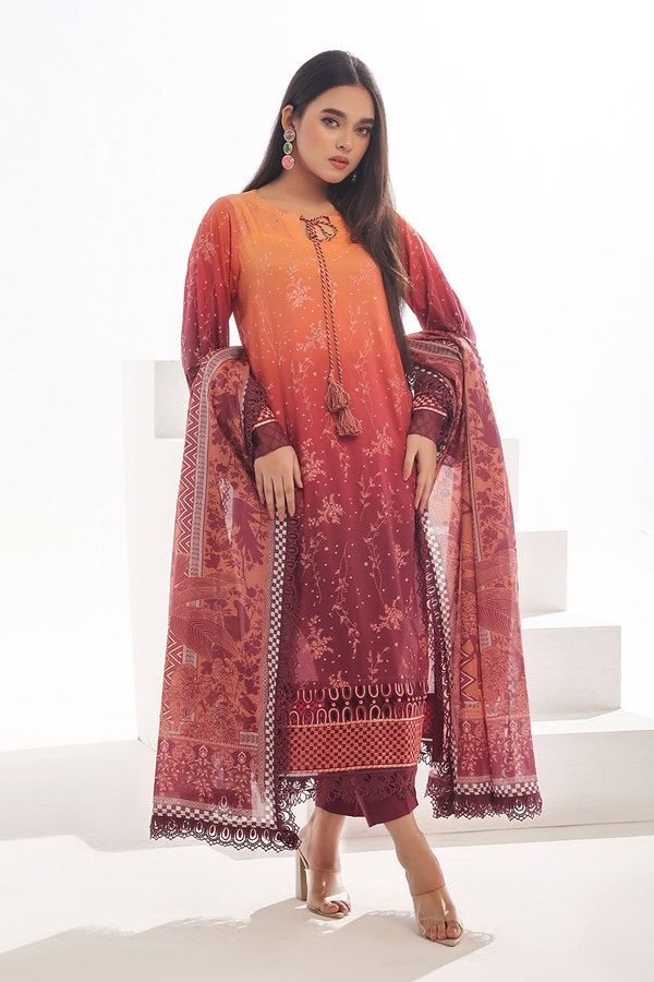UAE -3 Piece Unstitched Embroidered Lawn Suit with Printed Denting Lawn Dupatta DN-42046