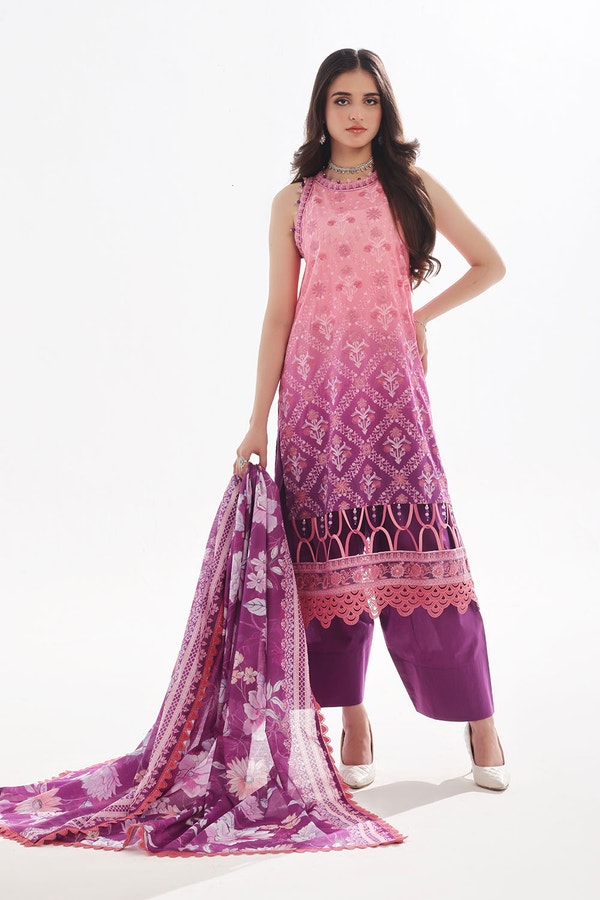 UAE -3 Piece Unstitched Embroidered Lawn Suit with Printed Denting Lawn Dupatta DN-42049
