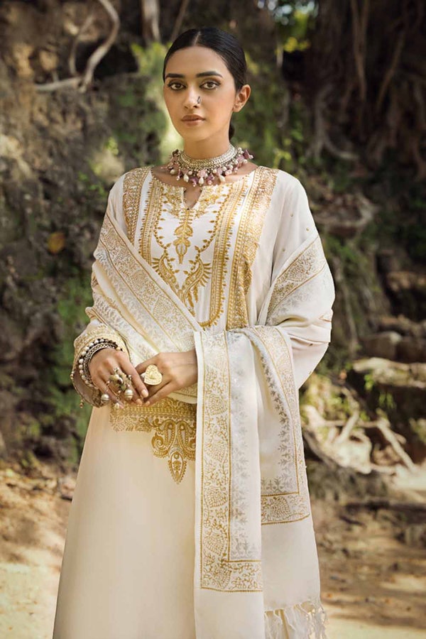 UAE -3PC Embroidered Cotail Unstitched Suit with Gold and Silver Printed Pashmina Shawl AP-32091