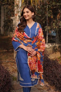 UAE -3PC Embroidered Lawn Unstitched Suit With Laces and Digital Printed Denting Lawn Dupatta DN-32060
