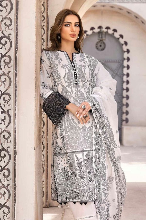 UAE -3PC Unstitched Embroidered Lawn Suit with Organza Neckline B-32034