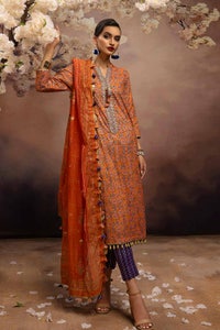 UAE -3PC Embroidered Gold and Lacquer Printed Lawn Suit with Cotton Net Dupatta CN-32028