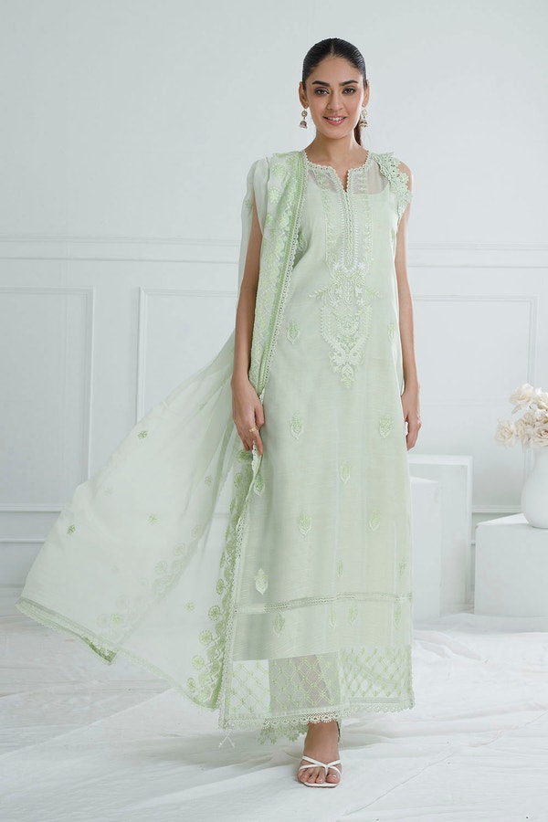 UAE -3 Piece Unstitched Embroidered Paper Cotton Suit with Embroidered Chiffon Dupatta PM-52030