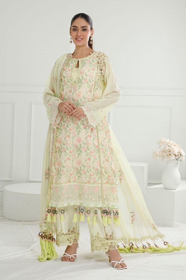 UAE -3 Piece Unstitched Embroidered Swiss Voile Suit with Embroidered Chiffon Dupatta LSV-52026