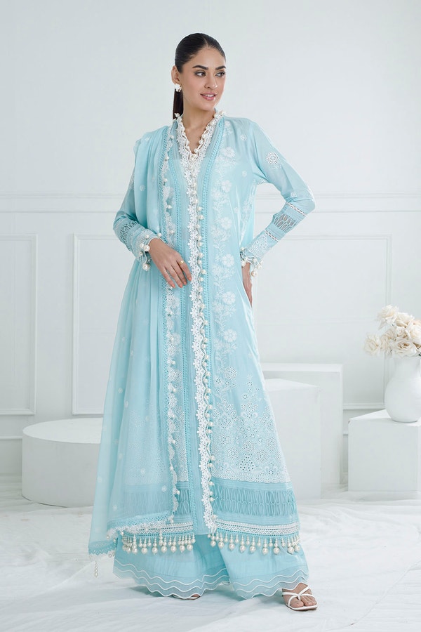 UAE -3 Piece Unstitched Schiffli Embroidered Lawn Suit with Embroidered Chiffon Dupatta PM-52038