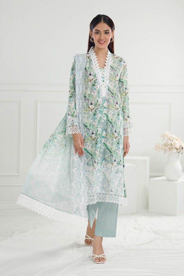 UAE -3 Piece Unstitched Embroidered Printed Lawn Suit with Embroidered Printed Chiffon Dupatta PR-52007